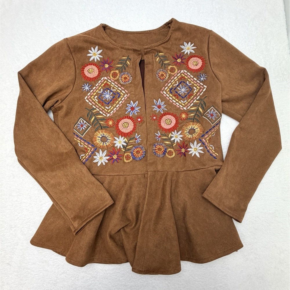 Womens Boho Embroidered Faux Suede Jacket Top Brown Peplum Long Sleeve S M